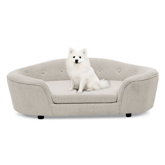 Oversized Size Oval Semi-Enclosed Dog Sofa - Durable Linen Material, Button-Tufted Backrest, High-Center Low-Sides Support& Plush Comfort (Beige)