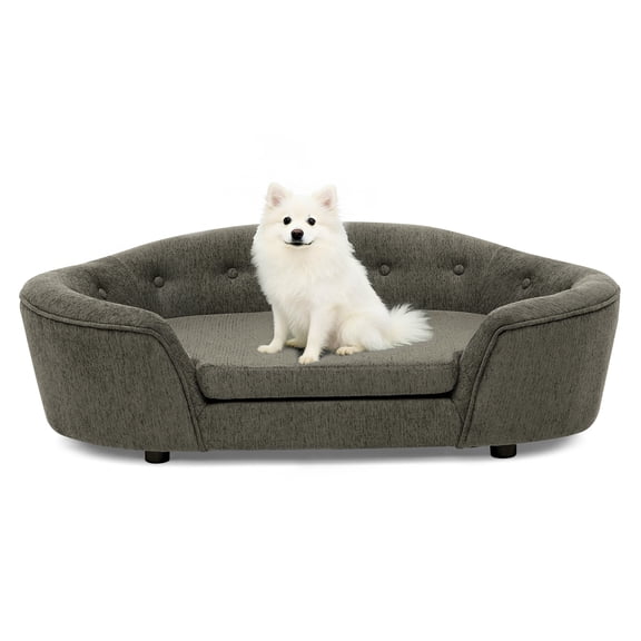 Oversized Size Oval Semi-Enclosed Dog Sofa - Durable Linen Material, Button-Tufted Backrest, High-Center Low-Sides Support& Plush Comfort (Gray)