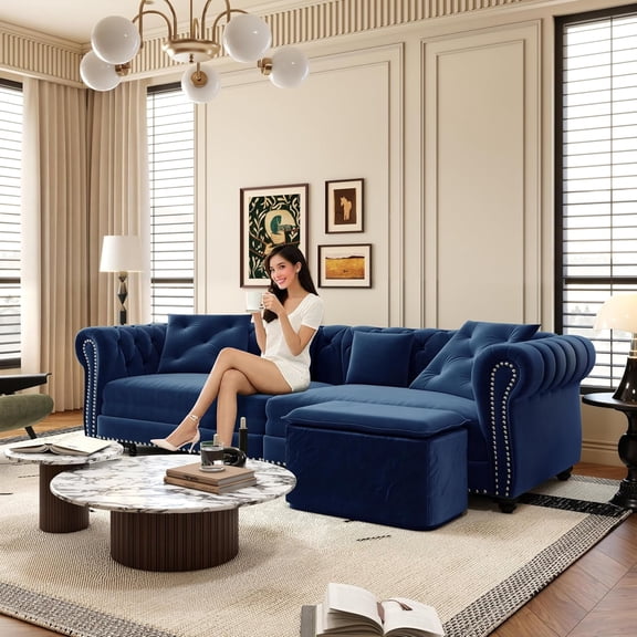 REHOUSING Mid-Century Modern Velvet Tufted Sleeper Sofa Bed with Convertible Sofa Bed and Movable Ottoman, Blue