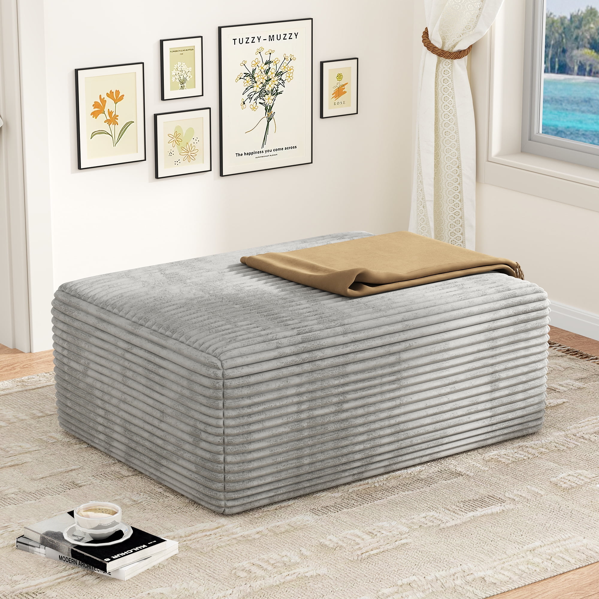 Large Oversized Ottoman Bench for Living Room, Extra Seating & Coffee Table for Sofa, Plush Corduroy Pouf Footrest, No Assembly Needed, Rectangle Floor Ottoman, (Oyster White)