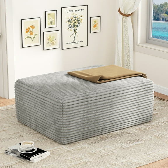 Large Oversized Ottoman Bench for Living Room, Extra Seating & Coffee Table for Sofa, Plush Corduroy Pouf Footrest, No Assembly Needed, Rectangle Floor Ottoman, (Oyster White)
