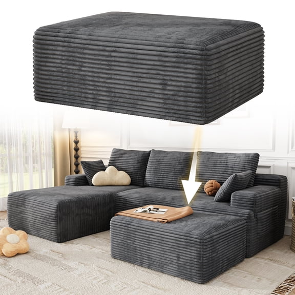Oversized Sofa Ottoman Footrest, Matching Cushion for L-Shaped Sofa to Create U-Shaped Sectional , Large Seat Stool, High Resilience Foam & Corduroy Fabric, for Living Room Bedroom, (Charcoal)