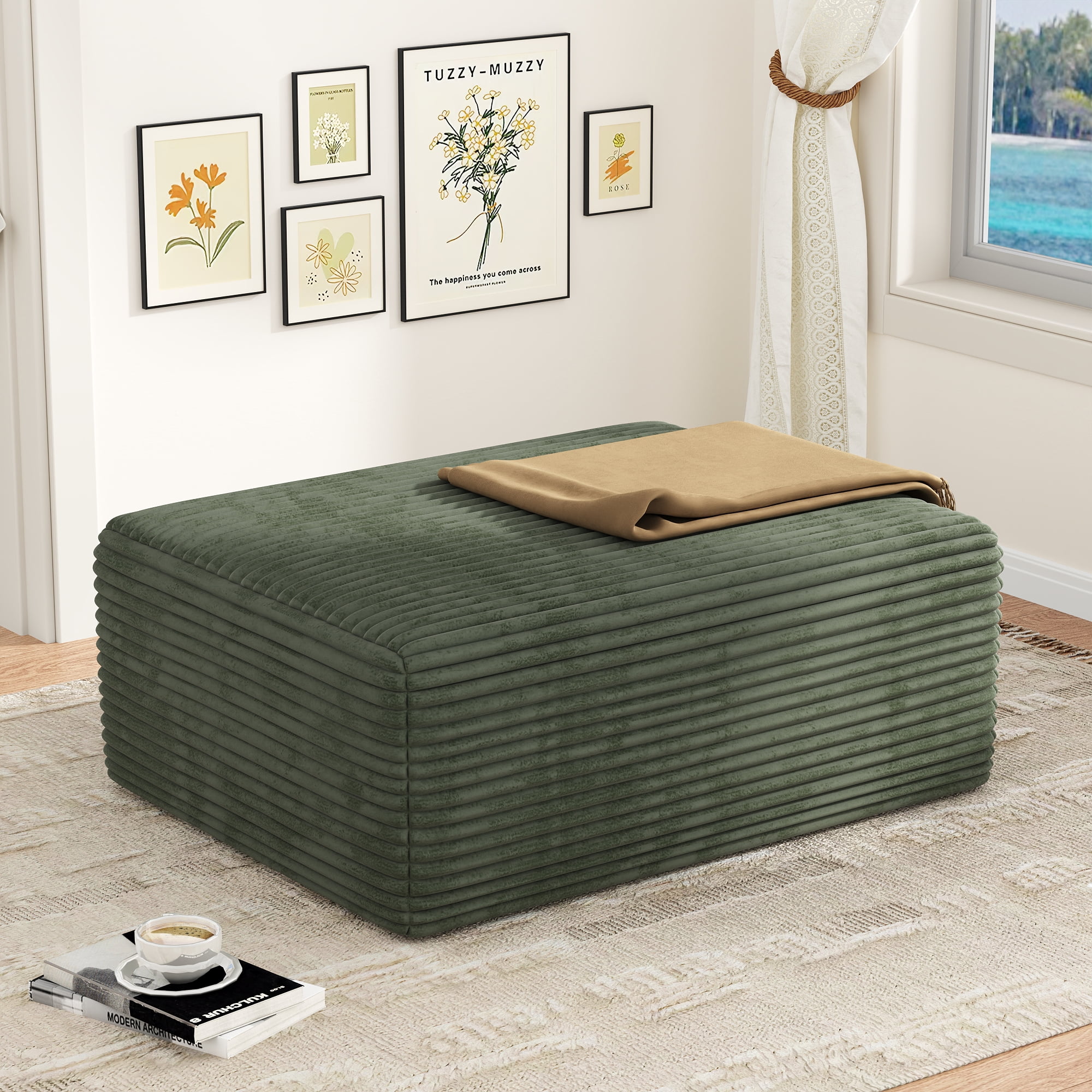 Large Oversized Ottoman Bench for Living Room, Extra Seating & Coffee Table for Sofa, Plush Corduroy Pouf Footrest, No Assembly Needed, Rectangle Floor Ottoman, (Sage Green)