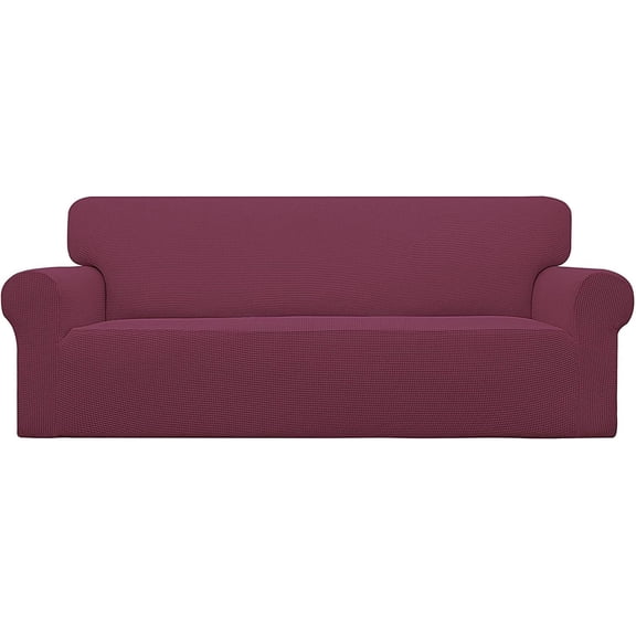 Oversized Sofa Slipcover 1-Piece Stretch Furniture Protector with Elastic Bottom, Soft Polyester Spandex Jacquard Fabric in Small Checks Cream