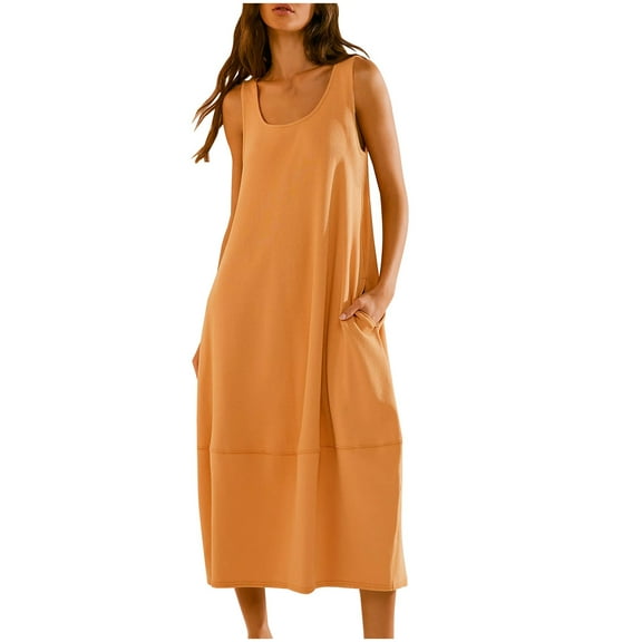 Oversized Solid Baggy Maxi Dress for Women Solid Crewneck Tank Sundress for Beach Holiday 2025 Casual Flowy Dresses