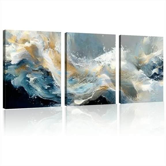 Oversized Solid Frame Abstract Wave Splash Canvas Wall Art - Blue Golden White HD Ink Print,  Indoor/Outdoor Hanging Decor for Living Room, Bedroom, Home Office, Dorm, Dining Room 12*16inch*3pcs