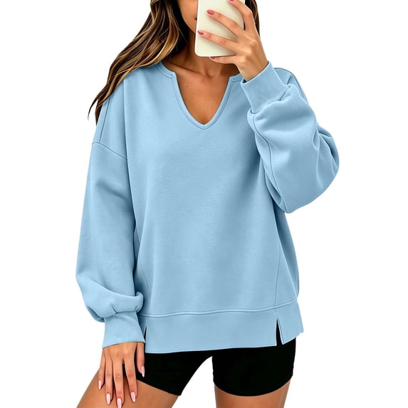 Oversized Solid Pullover Sweatshirt for WomenDrop Shoulder Puff Long Sleeve Rib Cuff Side Slit Hem V Neck Spring Fall Winter Casual Sport Tops