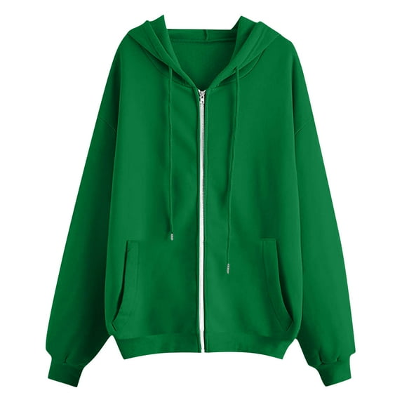 Oversized Solid Zip Up Hoodie for Women Drawstring Hooded Long Sleeve Fleece Vintage Sweatshirts Jackets Pockets