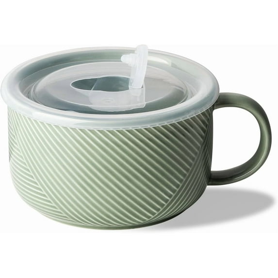 Oversized Soup Bowl with Handle: 38 oz Ceramic Soup Mug with Lid - Microwave Safe Jumbo Food Storage Container for Ramen Cereal Breakfast Meal Prep Office Lunch Dorm Living - Pea Green 6 In