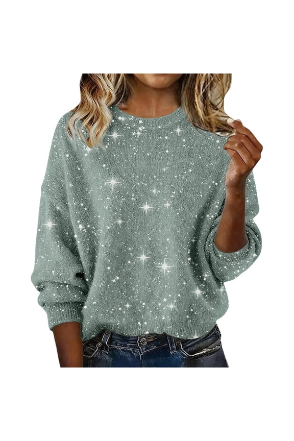 Oversized Sparkle Pattern Knit Sweater, Fall Winter Star Print Pullover Holiday Sparkle Crewneck Sweater Fall Winter Casual Star Pattern Sweater Sweatshirt for Women, Light Green 3XL