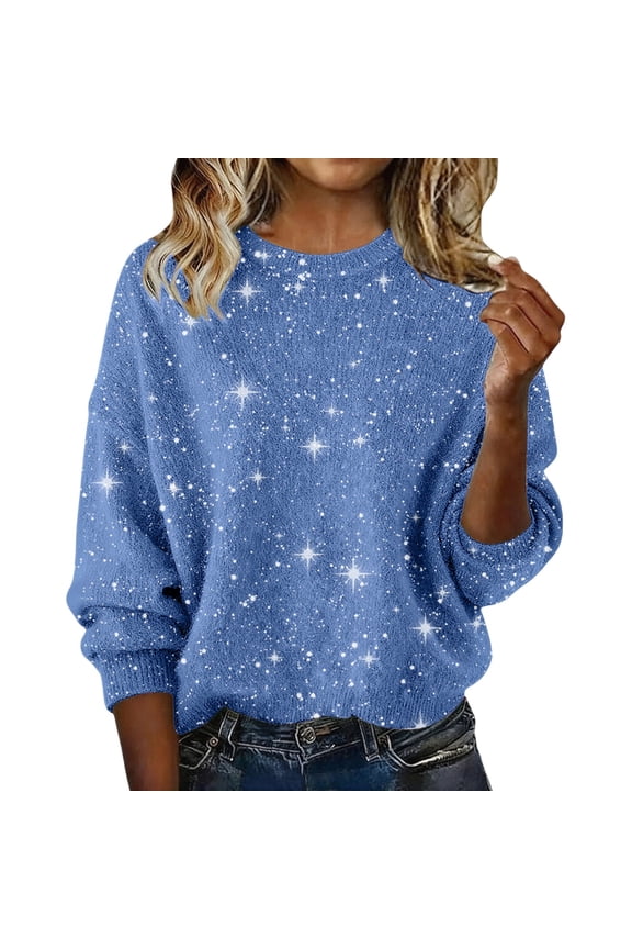 Oversized Sparkle Pattern Knit Sweater, Multi-Color Sparkle Knit Pullover Star Print Crewneck Knit Top Soft Comfortable Star Pattern Knit Top Casual Daily Sparkle Sweater, Sky Blue S