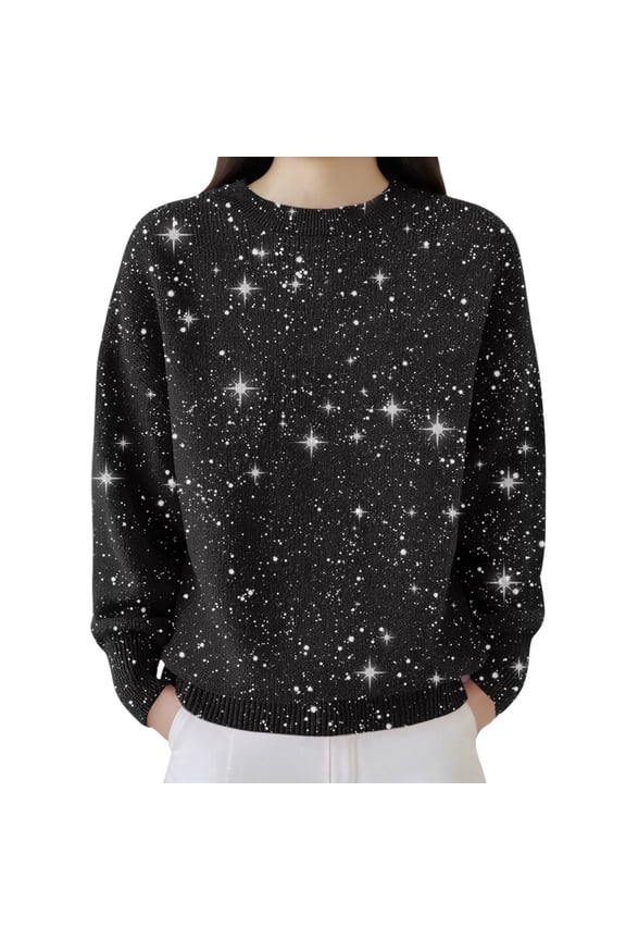 Oversized Sparkle Pattern Knit Sweater, Soft Comfortable Star Pattern Knit Top Holiday Sparkle Crewneck Sweater Oversized Long-Sleeve Star Print Sweater Cute Sweatshirts, Black S