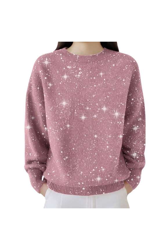 Oversized Sparkle Pattern Knit Sweater, Winter Sparkle Pattern Knit Pullover Loose-Fit Star Print Crewneck Knit Top Oversized Sparkle Pattern Knit Sweater Winter Clothing, Pink S