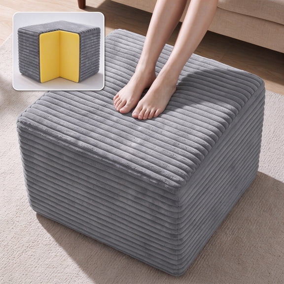 Oversized Square Corduroy Ottoman Pouf - Poofy Soft Foot Rest with Foam Chunk Filling, Movable Large Ottoman Pouf Footstool for Living Room Sofa Couch Bedroom