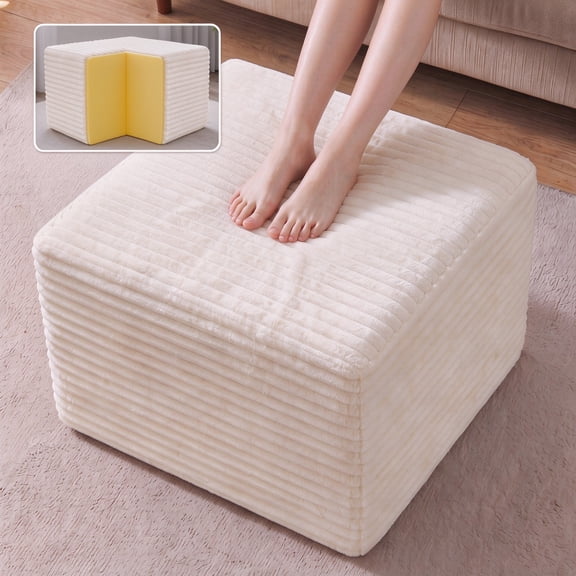 Oversized Square Corduroy Ottoman Pouf - Poofy Soft Foot Rest with Foam Chunk Filling, Movable Large Ottoman Pouf Footstool for Living Room Sofa Couch Bedroom