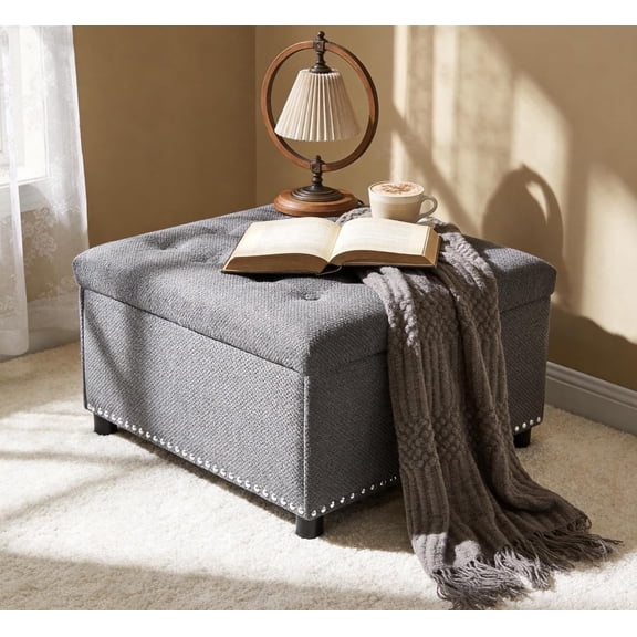 Oversized Square Ottoman with Storage for Living Room, Upholstered Fabric Tufted Footstool with Storage, Mid Century Modern Ottoman Foot Rest for Chair