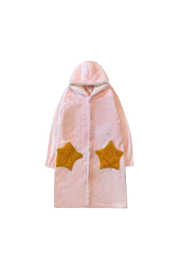 Oversized Star Pattern Bath Robes for Women Warm Fleece Flannel Homewear Hooded Quick-drying Long Sleeve Bathrobe Winter Attire