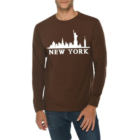Oversized Statue of Liberty Skyline Graphic Long Sleeve Crewneck Tee - Chestnut XL