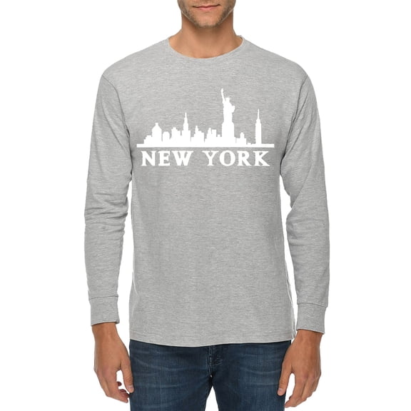 Oversized Statue of Liberty Skyline Graphic Long Sleeve Crewneck Tee - Heather Grey XL
