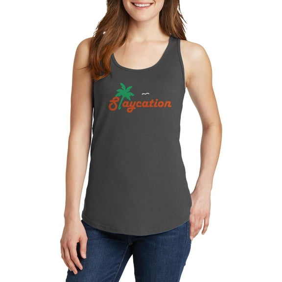 Oversized Staycation Palm Tree Ladies Core Cotton Tank Top - Charcoal XL