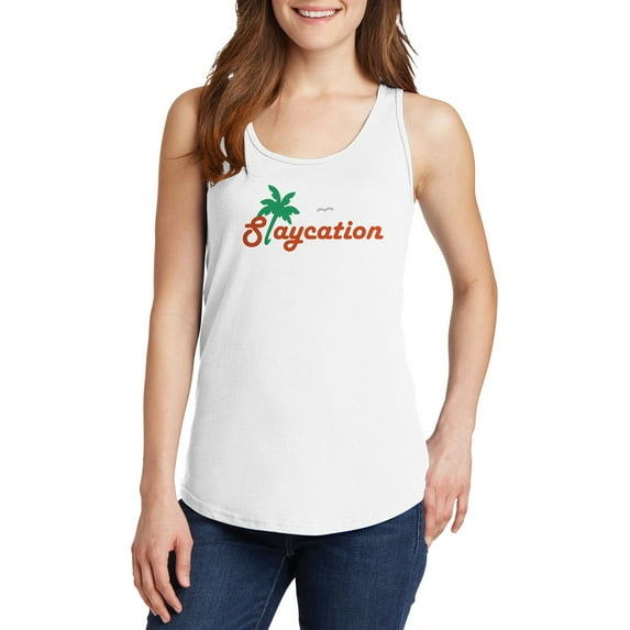 Oversized Staycation Palm Tree Ladies Core Cotton Tank Top - White 4XL