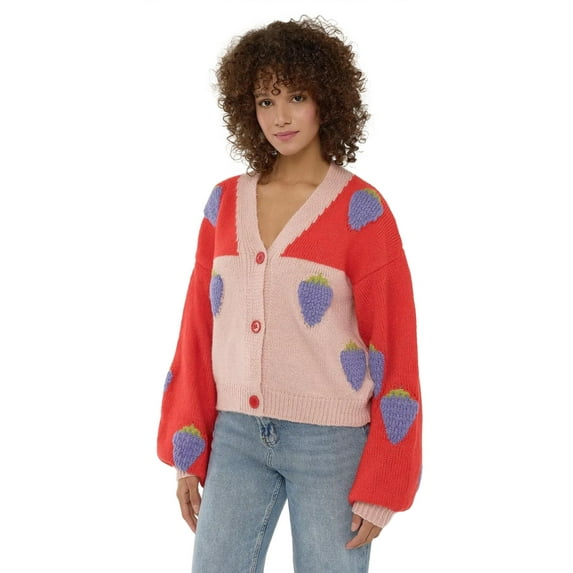 Oversized Strawberry Patterned Cardigan