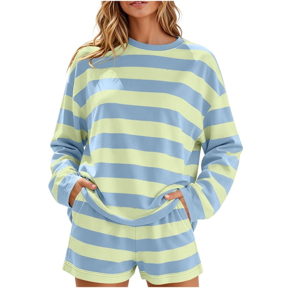 Oversized Stripe Pajama Sets for Women Long Sleeve Crew Neck Tops and Shorts Loungewear Tracksuits Summer Soft Comfy Sleepwear Light Blue