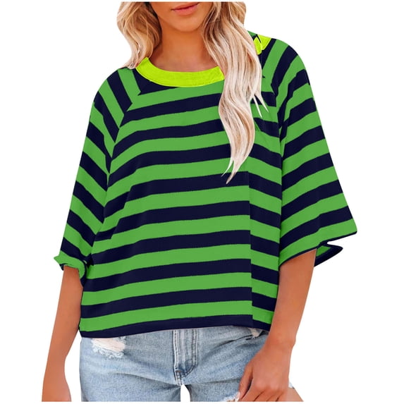 Oversized Stripe T Shirt for Women 3/4 Sleeve Crewneck Loose Fit Summer Casual Tee Tops Green,L