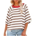 thumbnail image 1 of Oversized Stripe T Shirt for Women 3/4 Sleeve Crewneck Loose Fit Summer Casual Tee Tops Khaki,S, 1 of 6