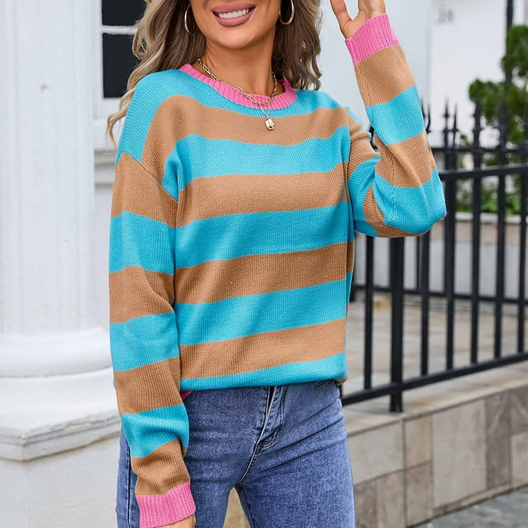 Wohapy Oversized Striped Sweater for Women Long Sleeve Fall Crewneck Loose Knit Top Jumper Color Block Sweaters Women s Size Small Beige