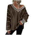 thumbnail image 1 of Oversized Striped Sweaters for Women Casual V Neck Long Sleeve Tops Color Block Knit Pullover Jumper Coffee XL, 1 of 3