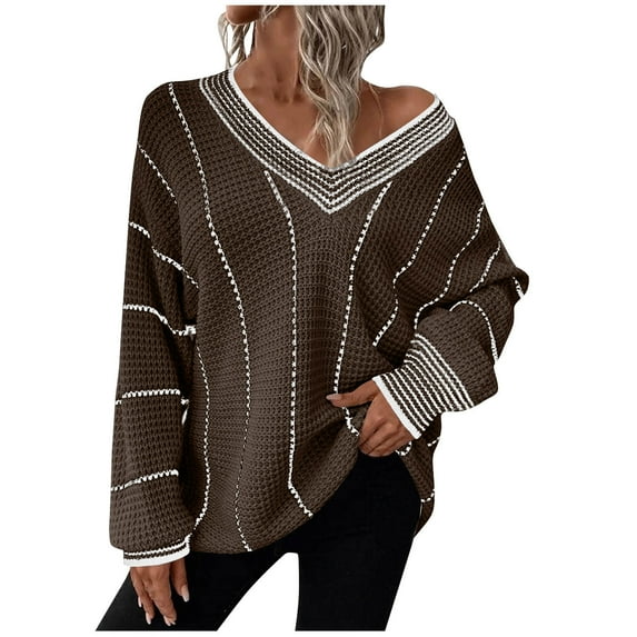 Oversized Striped Sweaters for Women Casual V Neck Long Sleeve Tops Color Block Knit Pullover Jumper Coffee XL