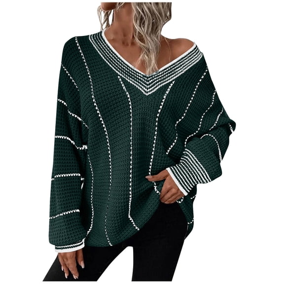 Oversized Striped Sweaters for Women Casual V Neck Long Sleeve Tops Color Block Knit Pullover Jumper Olive Green XL