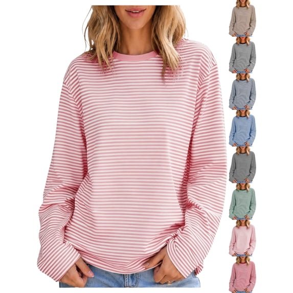 Oversized Striped T-Shirts for Women Crewneck Long Sleeve Pullover Loose Fit Casual Basic Everyday Tops