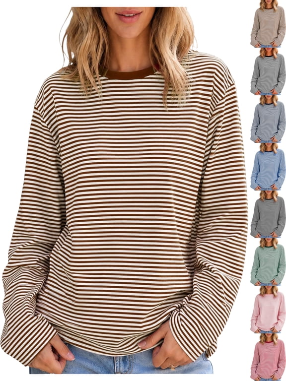 Oversized Striped T-Shirts for Women Crewneck Long Sleeve Pullover Loose Fit Casual Basic Everyday Tops
