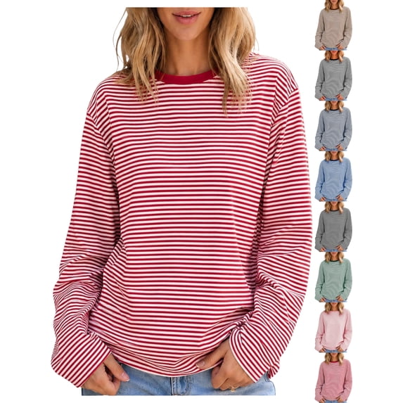 Oversized Striped T-Shirts for Women Crewneck Long Sleeve Pullover Loose Fit Casual Basic Everyday Tops