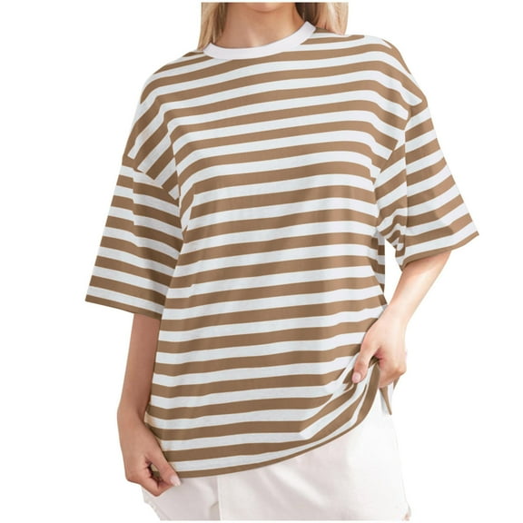 Oversized Striped T Shirts for Women Loose Fit Color Block Short Sleeve Crew Neck Tshirts Casual Summer Tees (M, Khaki)