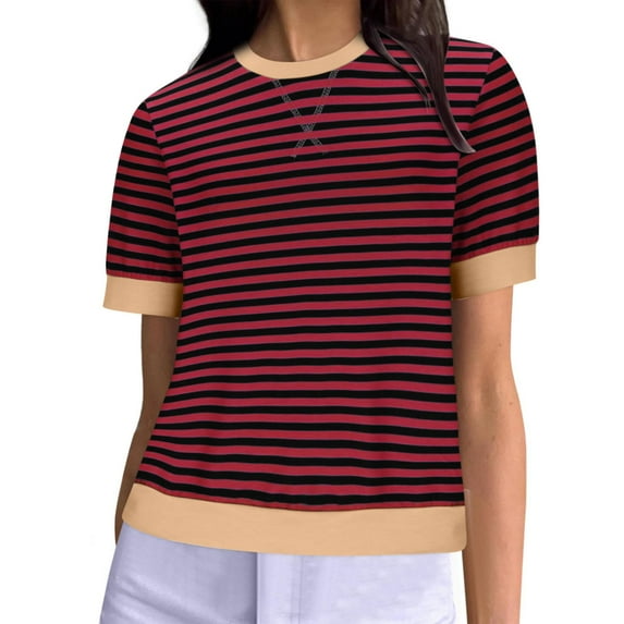 Oversized Striped T Shirts for Women Loose Fit Color Block Short Sleeve Crew Neck Tshirts Casual Summer Tees (M, Red)