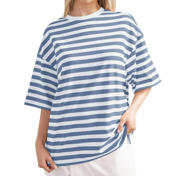 Oversized Striped T Shirts for Women Loose Fit Color Block Short Sleeve Crew Neck Tshirts Casual Summer Tees (S, Blue)