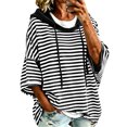 thumbnail image 1 of Oversized Stripes Hoodies for Women Batwing Short Sleeve Crewneck Hooded Drawstring Sweatshirts Spring Fall (M, Black), 1 of 8
