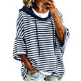 thumbnail image 1 of Oversized Stripes Hoodies for Women Batwing Short Sleeve Crewneck Hooded Drawstring Sweatshirts Spring Fall (S, Navy), 1 of 8