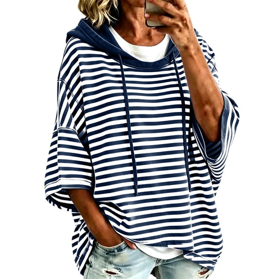 Oversized Stripes Hoodies for Women Batwing Short Sleeve Crewneck Hooded Drawstring Sweatshirts Spring Fall (S, Navy)