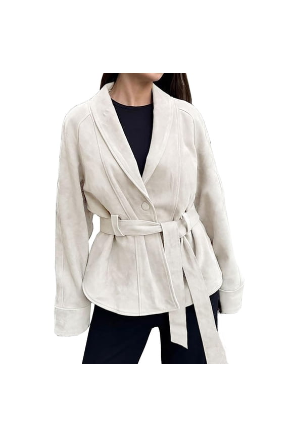 Oversized Suede Jacket Women, Yigetop Womens Suede Jacket with Belt Long Sleeve Button Down Belted Suede Leather Jacket Coats Short Suede Jacket Women Beige L