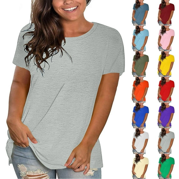 Oversized Summer Solid Color T Shirts for Women Fashion Workout Plus Size Tops Short Sleeve Beach Vacation Gym Clothes Womens Round Neck Causal Fashion Basic Tee Athletic Tops for Women