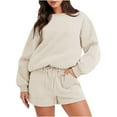thumbnail image 1 of Oversized Sweat Shorts Sets Women Crew Neck Long Sleeve Pullover Sweatshirts Elastic Waist Shorts Matching Sets 2 Piece Outfits Sweatsuits Women’s Solid Tracksuit Khaki, 1 of 9