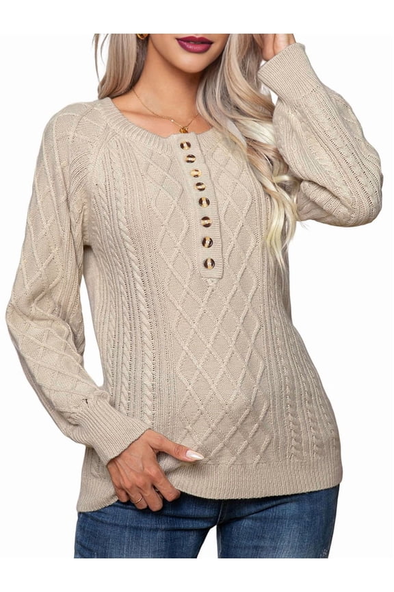 Oversized Sweater 90s Vintage Knitted Sweater for Women Long Sleeve Cable Knit Crewneck Pullover Tops Plus Size Apricot S