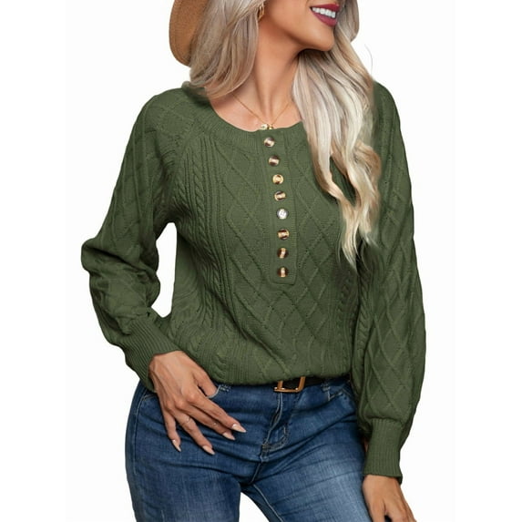 Oversized Sweater 90s Vintage Knitted Sweater for Women Long Sleeve Cable Knit Crewneck Pullover Tops Plus Size Army Green S