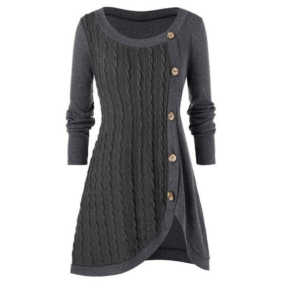 Oversized Sweater Dresses for Women Patchwork Button Slim Waist Knit Rib Dress Long Sleeve Crewneck Cable Knit Mini Sweater Dress