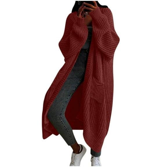 Oversized Sweater Jackets for Women Open Front Chunky Knit Long Maxi Cardigans with Pockets Fall Winter Outerwear (XL, Wine)