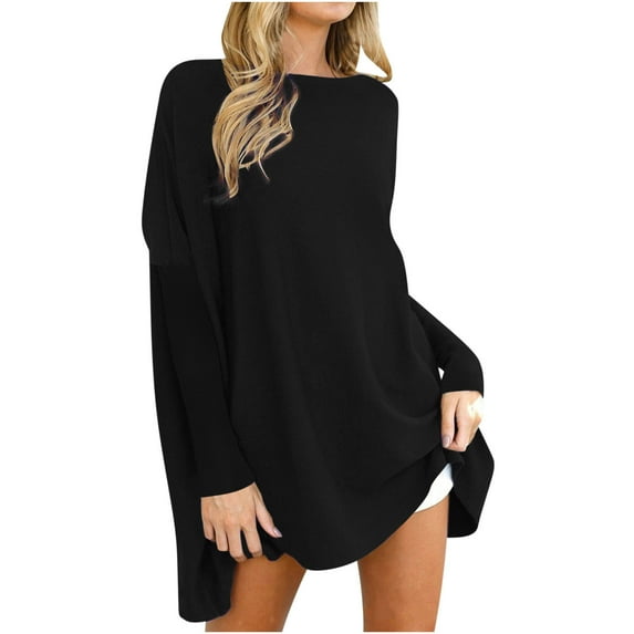 Oversized Sweater Long Tops for Leggings Soft Fleece Round Neck Batwing Sleeve Tunics Pullover Sweater Mini Dress (3XL, Black)